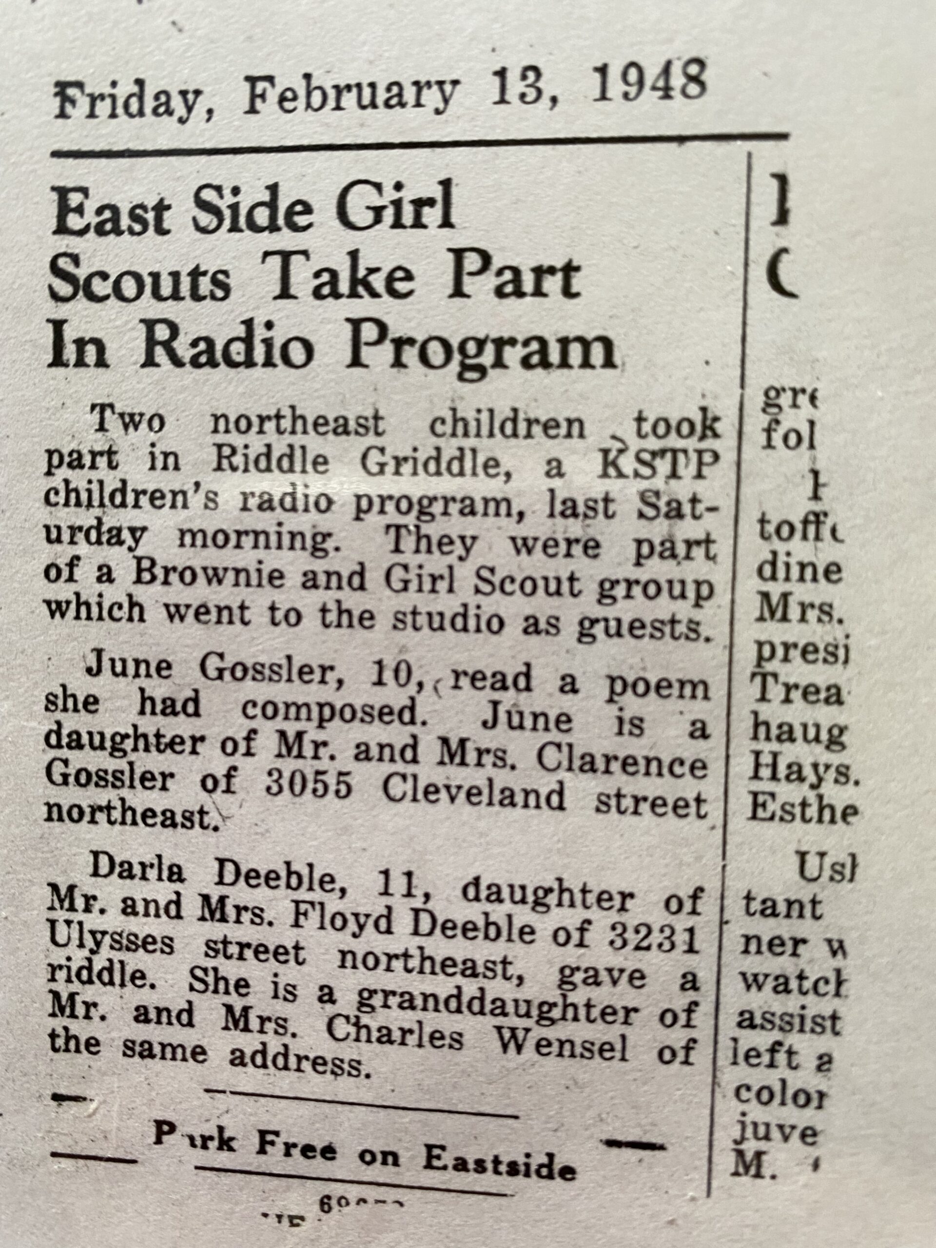 newspaper article East Side Girl Scouts Take Part In Radio Program June Gossler Anderson